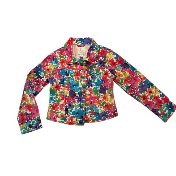 1989 Place | Kids Girl Red & Blue Floral Color Full Denim Jacket Size Small - Picture 1 of 8